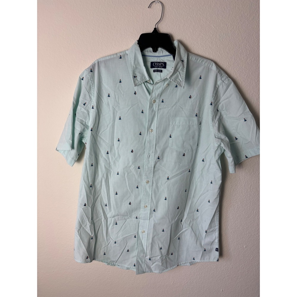 Chaps Large Sail Boat Print Button Down Short Sleeve Cotton Summer Shirt